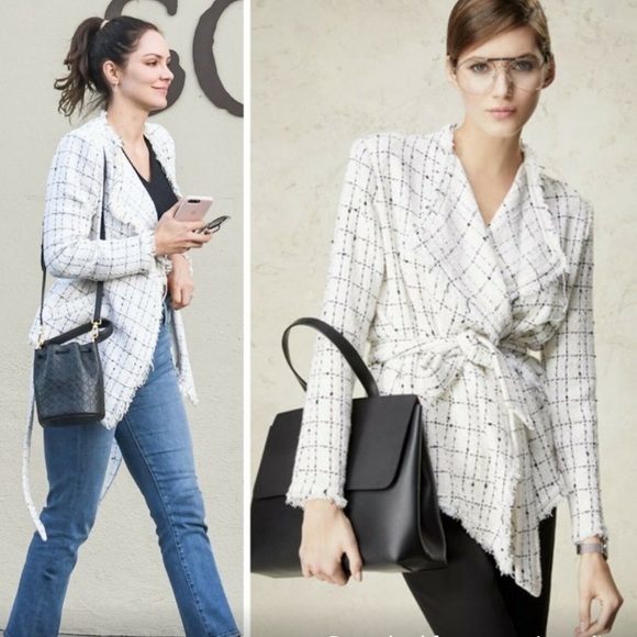 IRO Like New Quinet Soft Knit Belted Tweed Frayed Wrap Cream Jacket Size 34 (XS) - Picture 6 of 16